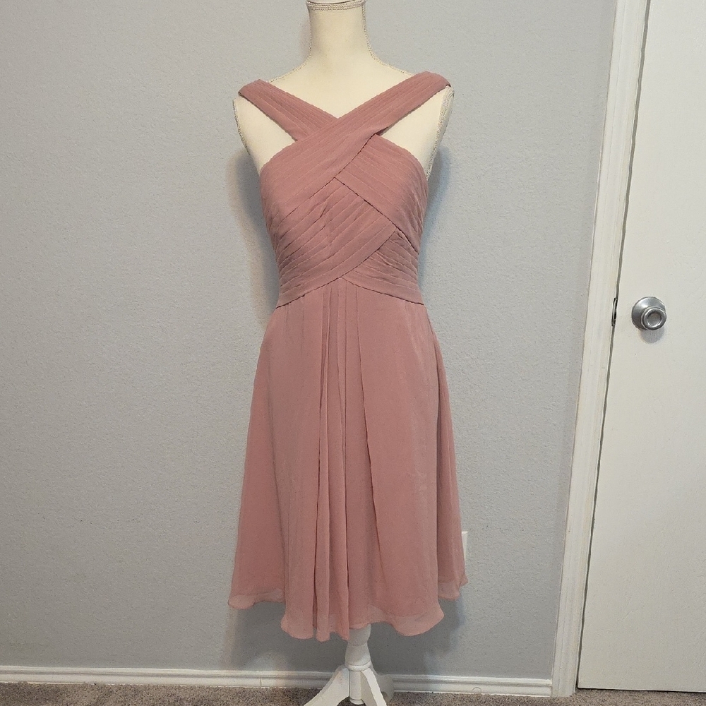 Azazie Pink Halter A-Line Midi Dress for Wedding Guest